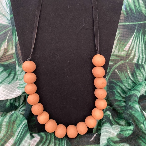 Jewelry - Large Terracotta Beaded Necklace with Ribbon